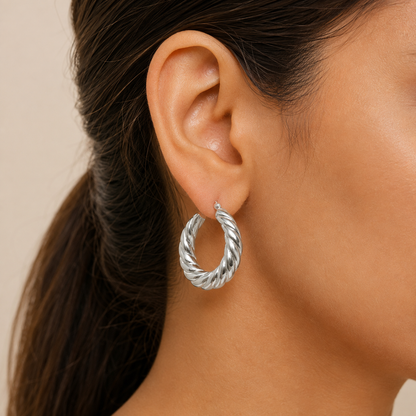 Women’s 925 Sterling Silver Twisted Hoop Earrings – Chunky Rope Design DGE1040