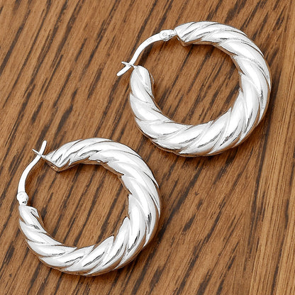 Women’s 925 Sterling Silver Twisted Hoop Earrings – Chunky Rope Design DGE1040