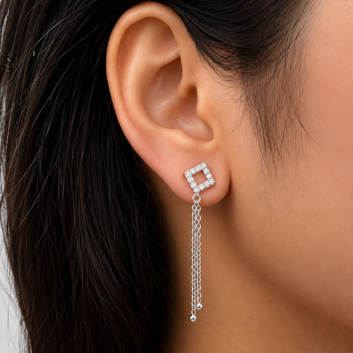 925 Sterling Silver CZ Square Chain Drop Earrings Jewelry for Women DGE1046