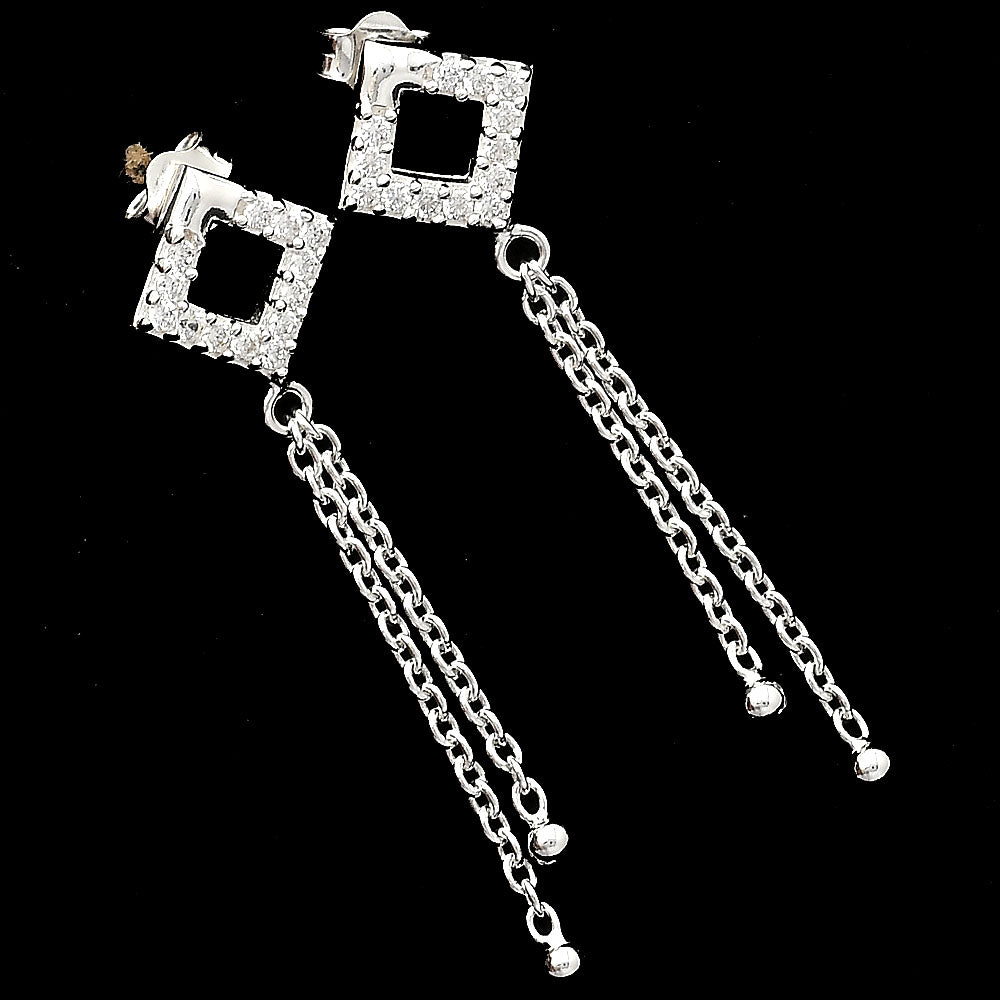 925 Sterling Silver CZ Square Chain Drop Earrings Jewelry for Women DGE1046