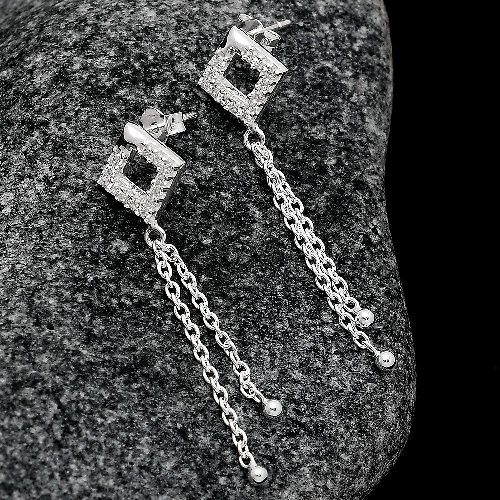 925 Sterling Silver CZ Square Chain Drop Earrings Jewelry for Women DGE1046