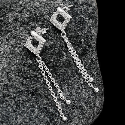 925 Sterling Silver CZ Square Chain Drop Earrings Jewelry for Women DGE1046