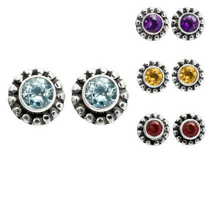 Round Natural Gemstone Stud Earrings 925 Sterling Silver Vintage Design DGE1065 E-1121