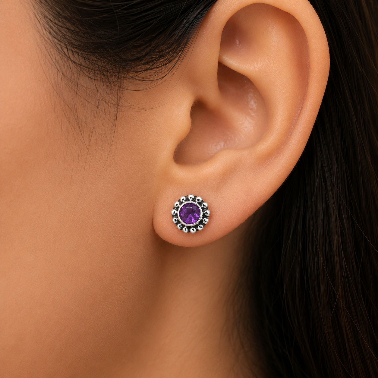 Round Natural Gemstone Stud Earrings 925 Sterling Silver Vintage Design DGE1065 E-1121