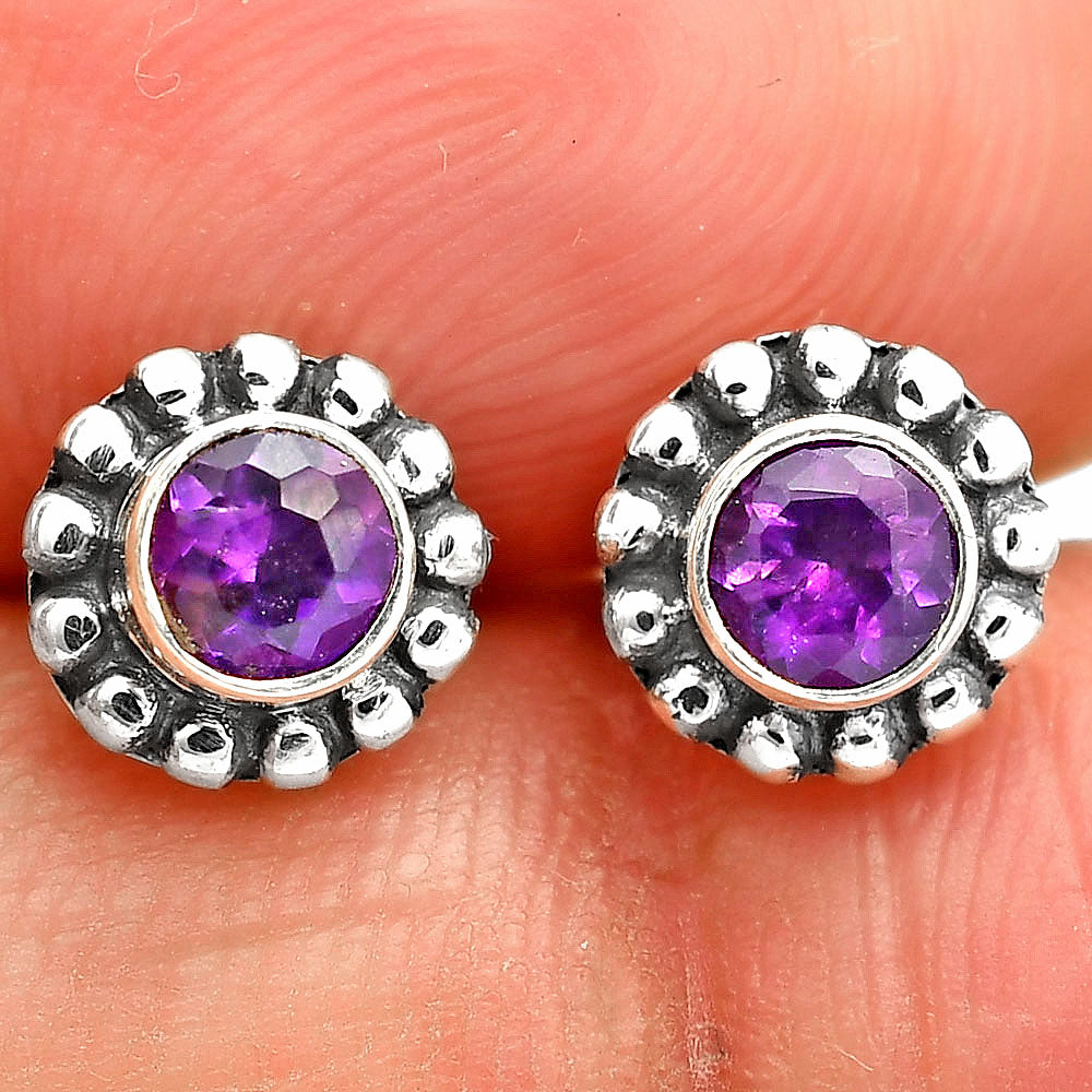 Round Natural Gemstone Stud Earrings 925 Sterling Silver Vintage Design DGE1065 E-1121