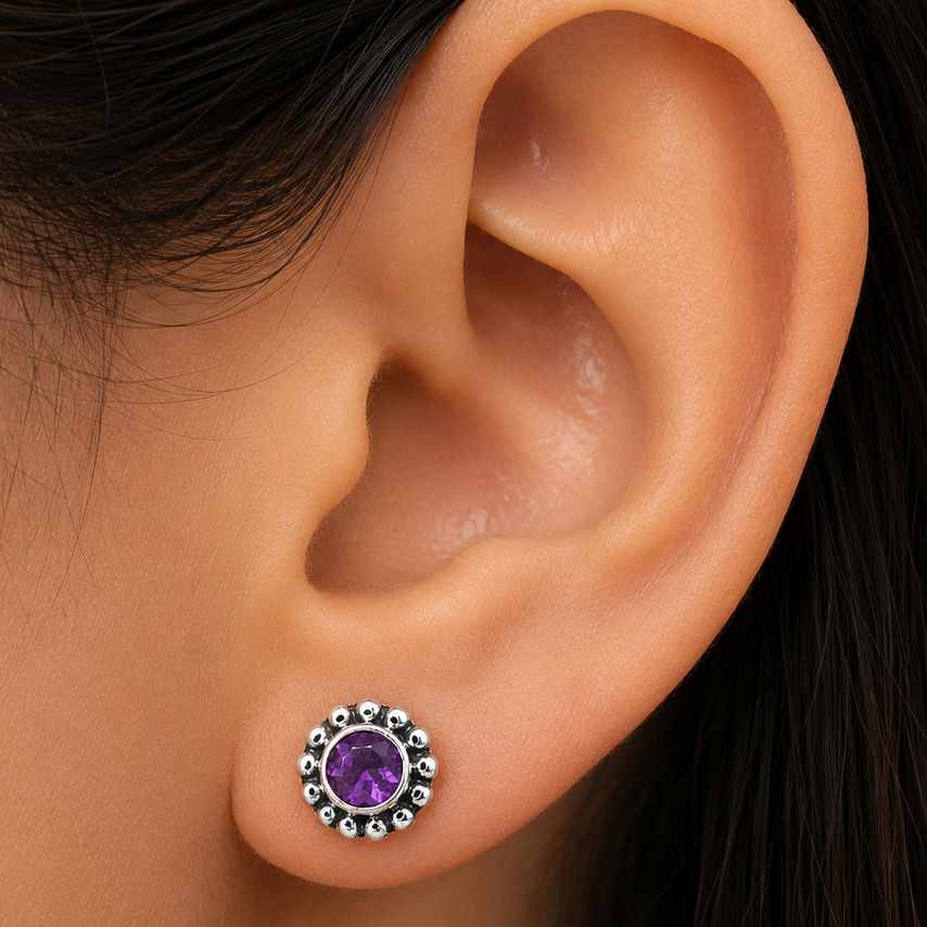 Round Natural Gemstone Stud Earrings 925 Sterling Silver Vintage Design DGE1065 E-1121