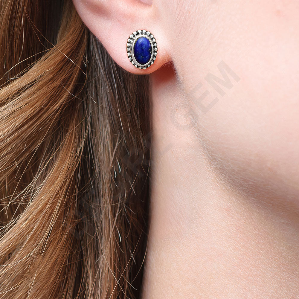 Oval Gemstone Silver Stud Earrings – Amethyst, Citrine, Lapis, Moonstone DGE1066 E-1121