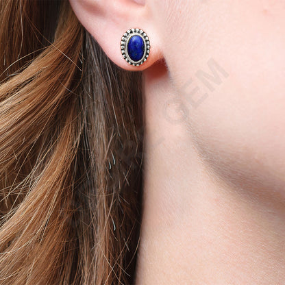 Oval Gemstone Silver Stud Earrings – Amethyst, Citrine, Lapis, Moonstone DGE1066 E-1121