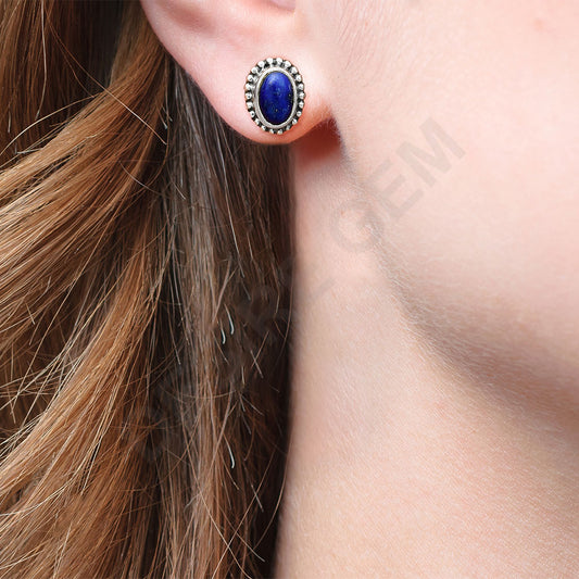 Oval Gemstone Silver Stud Earrings – Amethyst, Citrine, Lapis, Moonstone DGE1066 E-1121