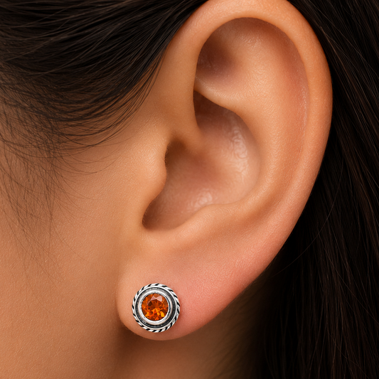Round Gemstone Silver Stud Earrings – Amethyst, Citrine, Garnet, Topaz DGE1067 E-1245