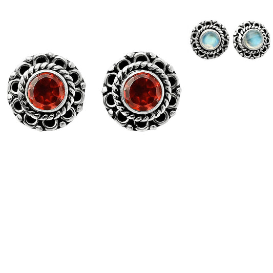 Natural Garnet & Moonstone Silver Stud Earrings – 925 Sterling Handmade DGE1068 E-1121