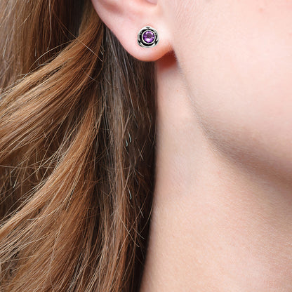 Round Gemstone Flower Stud Earrings 925 Sterling Silver Birthstone Gift DGE1079 E-1248