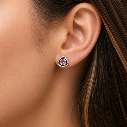 Round Gemstone Flower Stud Earrings 925 Sterling Silver Birthstone Gift DGE1079 E-1248