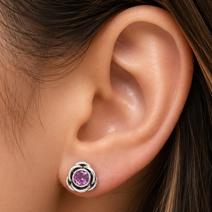 Round Gemstone Flower Stud Earrings 925 Sterling Silver Birthstone Gift DGE1079 E-1248