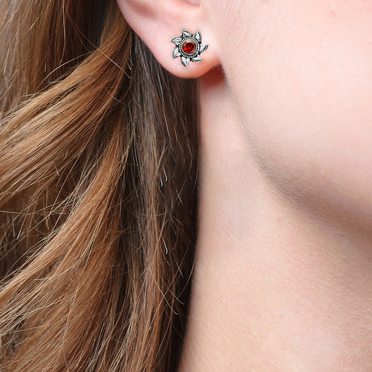 925 Sterling Silver Floral Gemstone Stud Earrings – Vintage Boho Jewelry DGE1080 E-1246