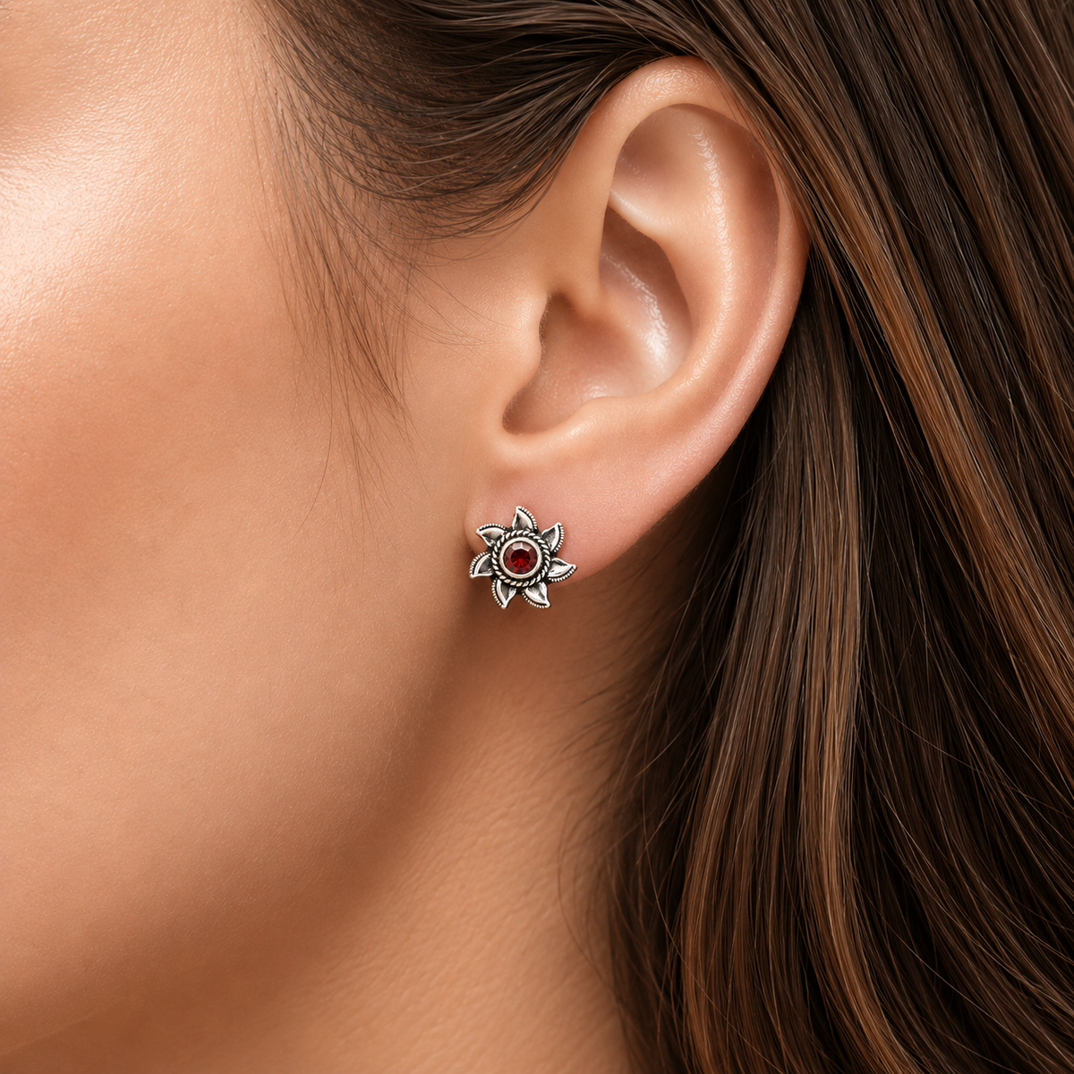 925 Sterling Silver Floral Gemstone Stud Earrings – Vintage Boho Jewelry DGE1080 E-1246