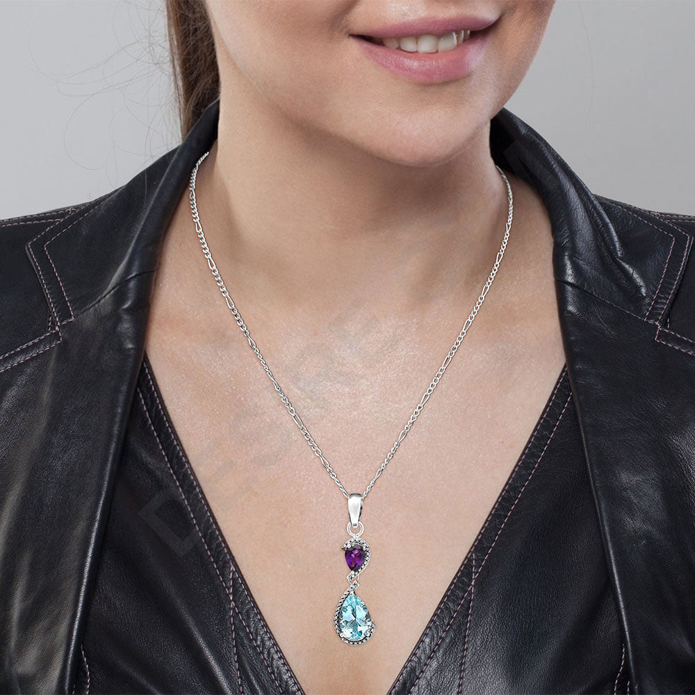 925 Sterling Silver Double Gemstone Pendant Handmade Fine Jewelry DGP1007 P-1116