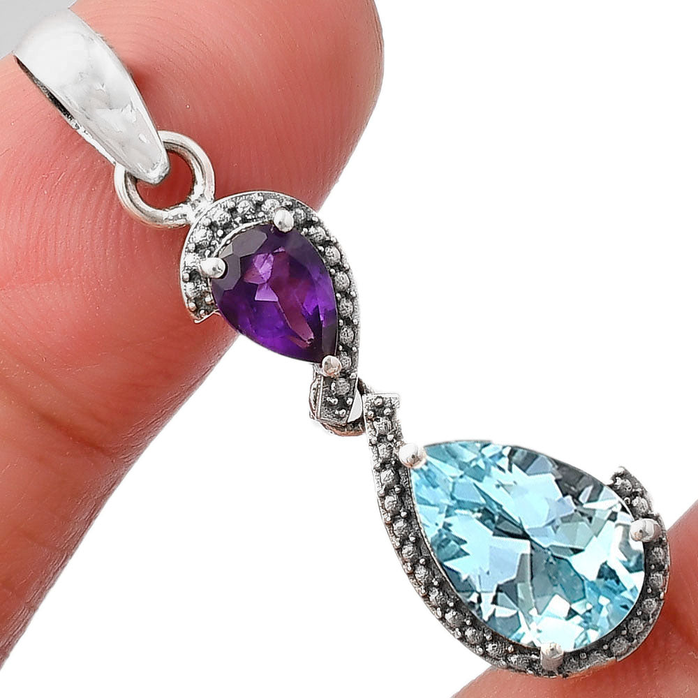 925 Sterling Silver Double Gemstone Pendant Handmade Fine Jewelry DGP1007 P-1116