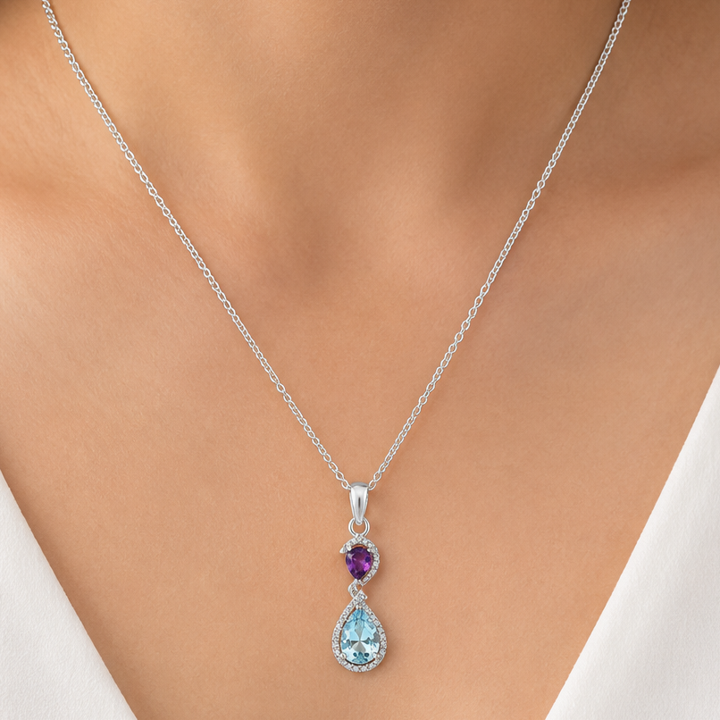 925 Sterling Silver Double Gemstone Pendant Handmade Fine Jewelry DGP1007 P-1116