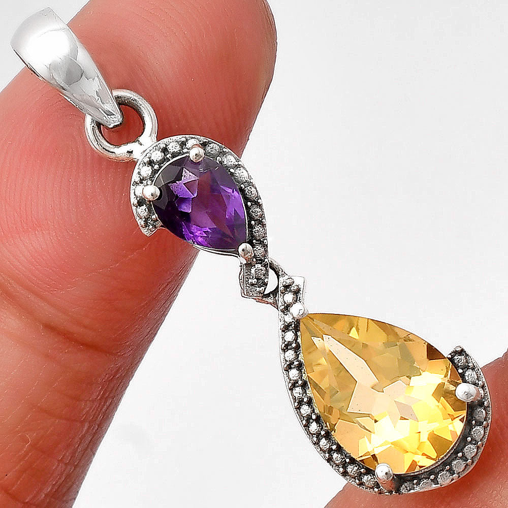 925 Sterling Silver Double Gemstone Pendant Handmade Fine Jewelry DGP1007 P-1116