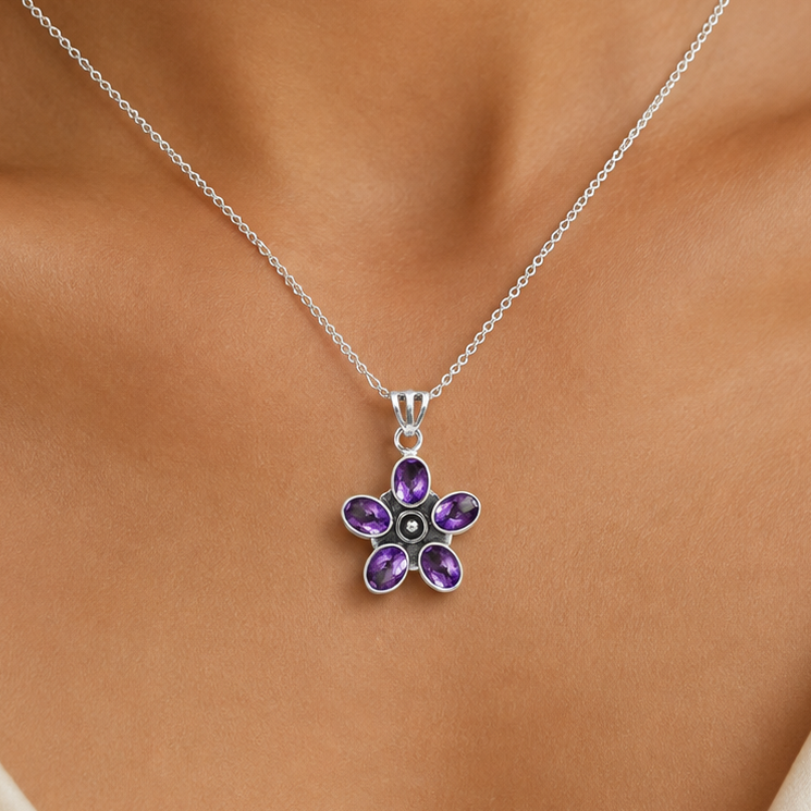 925 Sterling Silver Natural Gemstone Flower Pendant Handmade Jewelry DGP1013 P-1024