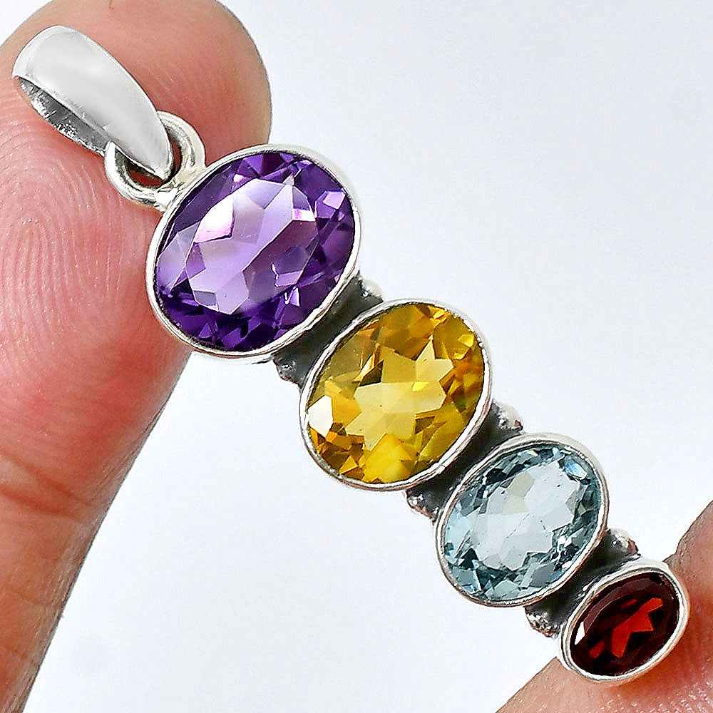 925 Silver Multi Four Stone Gemstone Oval Pendant Handmade Jewelry DGP1022 P-1119