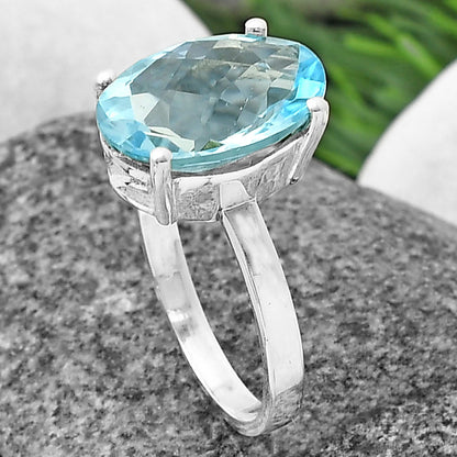 Natural Sky Blue Topaz Faceted Oval Ring 925 Sterling Silver Jewelry DGR1114 R-1019