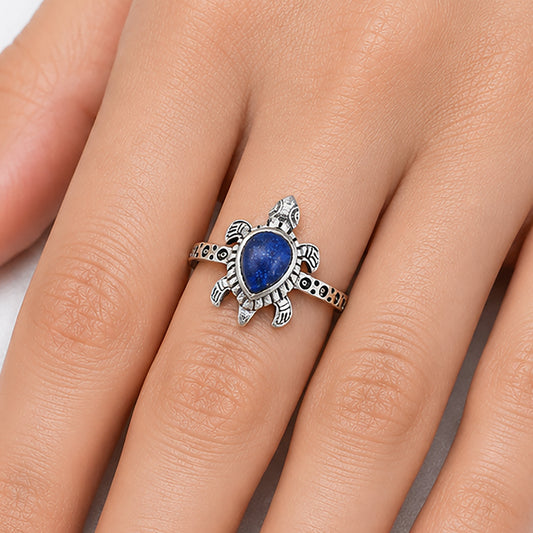 Handmade Turtle Design Multicolor Gemstone Ring in 925 Sterling Silver DGR1116 R-1076