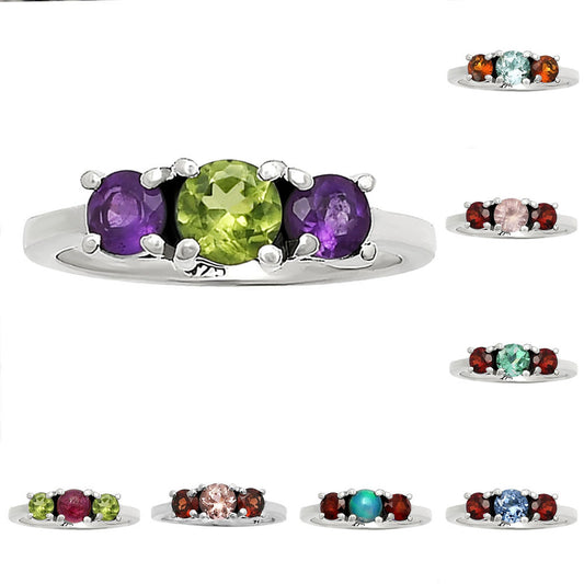 Three Stone Colorful Gemstone Ring 925 Sterling Silver Handmade Jewelry DGR1122 R-1047
