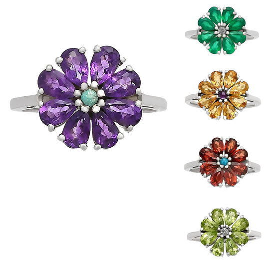Multi Gemstone Flower Cluster Daisy Ring 925 Sterling Silver for Women DGR1127 R-1031
