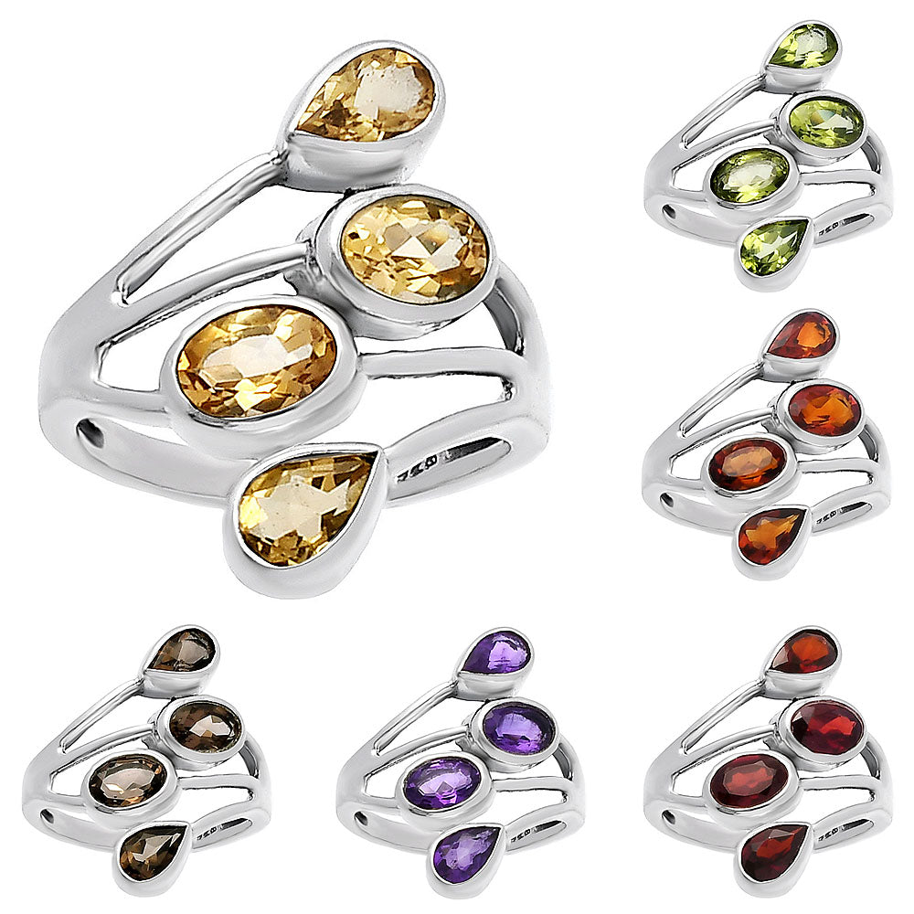 925 Sterling Silver Natural Multi Gemstone Ring with Oval & Pear Stones DGR1133 R-1053