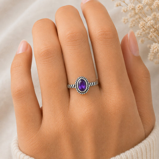 Handmade Oval Gemstone Ring, Twisted Rope 925 Sterling Silver Band DGR1134 R-1045
