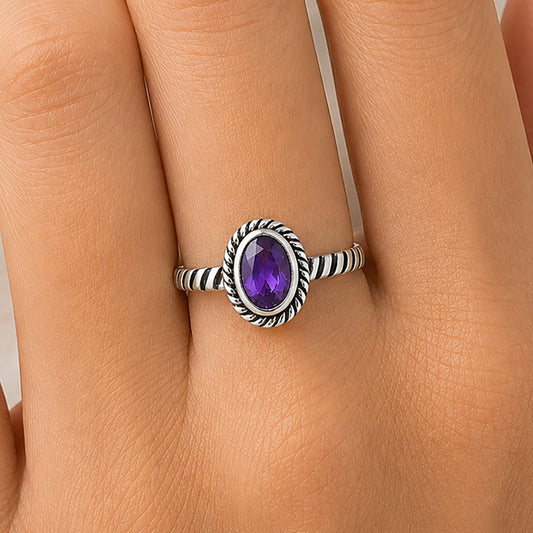 Handmade Oval Gemstone Ring, Twisted Rope 925 Sterling Silver Band DGR1134 R-1045
