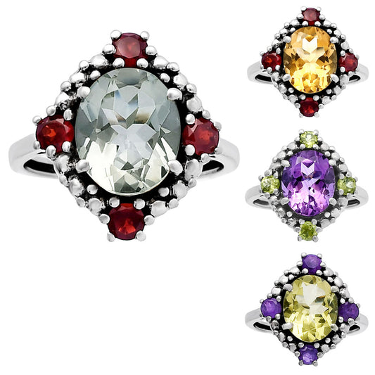 Multi Stone Oval Gemstone Halo Ring 925 Sterling Silver Handmade Jewelry DGR1135 R-1017