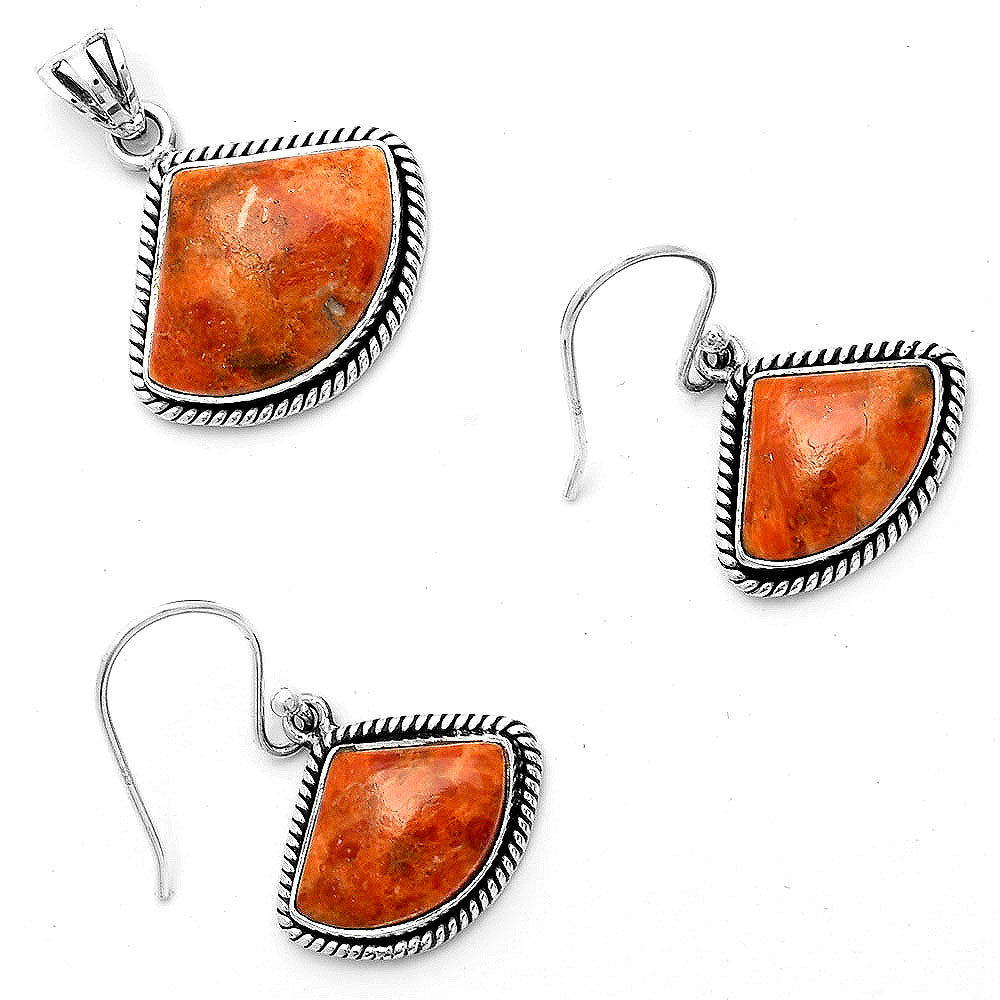 Red Sponge Coral Pendant Earrings Set T-1005 DGT01001