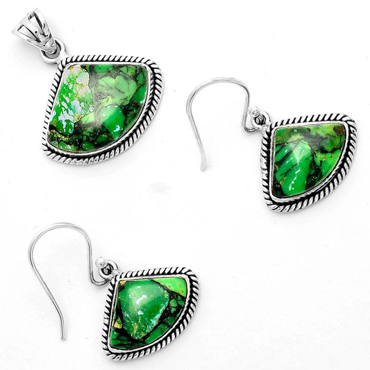 Green Matrix Turquoise Pendant Earrings Set T-1005 DGT01002