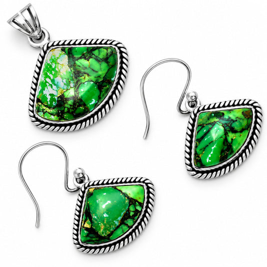 Green Matrix Turquoise Pendant Earrings Set T-1005 DGT01002