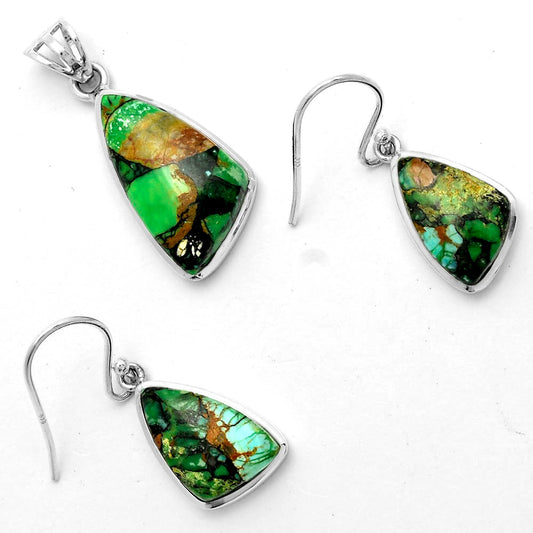 Green Matrix Turquoise Pendant Earrings Set T-1002 DGT01011