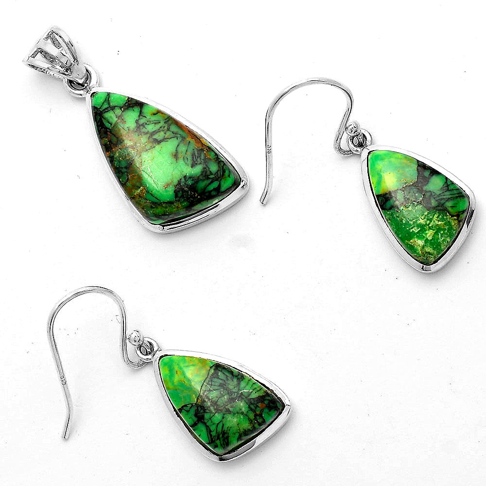 Green Matrix Turquoise Pendant Earrings Set T-1002 DGT01012