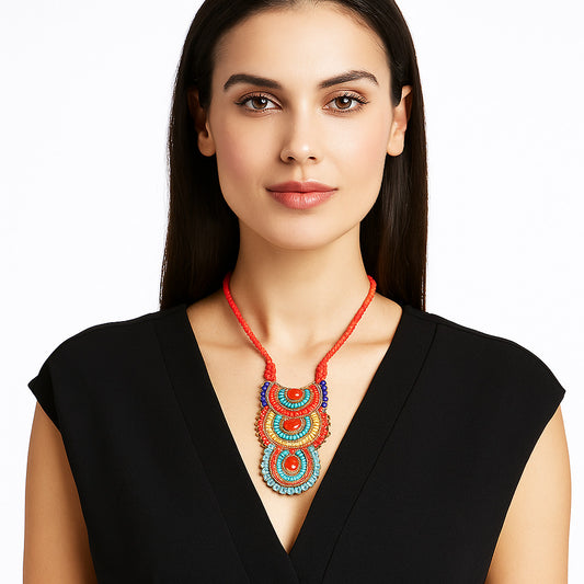 Multicolor Medallion Beaded Necklace – Boho Seed Bead Tassel Necklace, Bohemian Beaded Necklace FNC1008