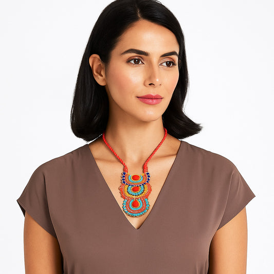 Multicolor Medallion Beaded Necklace – Boho Seed Bead Tassel Necklace, Bohemian Beaded Necklace FNC1008