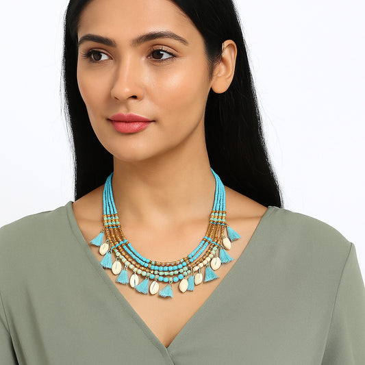 Shell Tassel Beaded Necklace,Glass Seed Beaded Bohemian Boho, Ethnic Necklace FNC1009