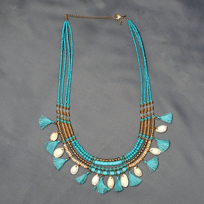 Shell Tassel Beaded Necklace,Glass Seed Beaded Bohemian Boho, Ethnic Necklace FNC1009