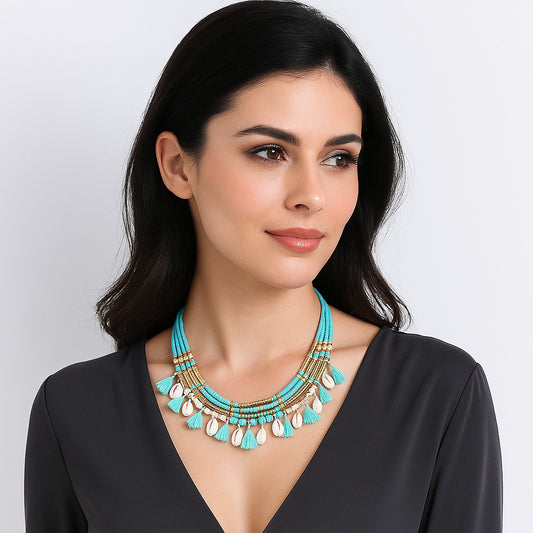 Shell Tassel Beaded Necklace,Glass Seed Beaded Bohemian Boho, Ethnic Necklace FNC1009