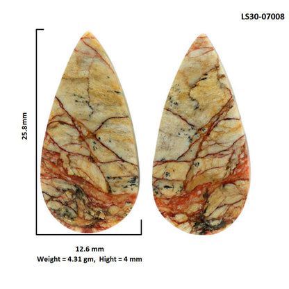 Leopard Skin Jasper Pair 12.6x25.8x4 mm Pear Shape Polished Gemstone LS30-07008