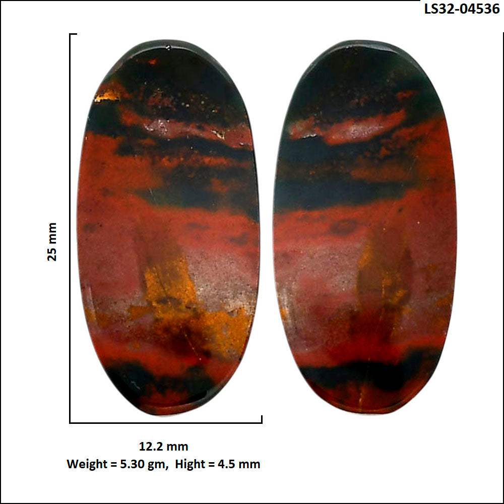 Blood Stone Pair 12.2x25x4.5 mm Oval Shape Polished Gemstone LS32-04536
