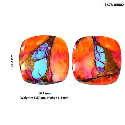 Kingman Orange Dahlia Turquoise Pair 16.1x16.2x3.5 mm Cushion Shape Polished Gemstone LS78-04882