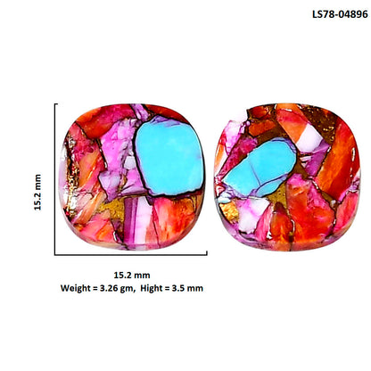Kingman Orange Dahlia Turquoise Pair 15.2x15.2x3.5 mm Cushion Shape Polished Gemstone LS78-04896