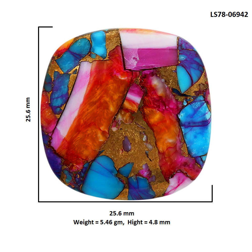 Kingman Orange Dahlia Turquoise 25.6x25.6x4.8 mm Cushion Shape Polished Gemstone LS78-06942