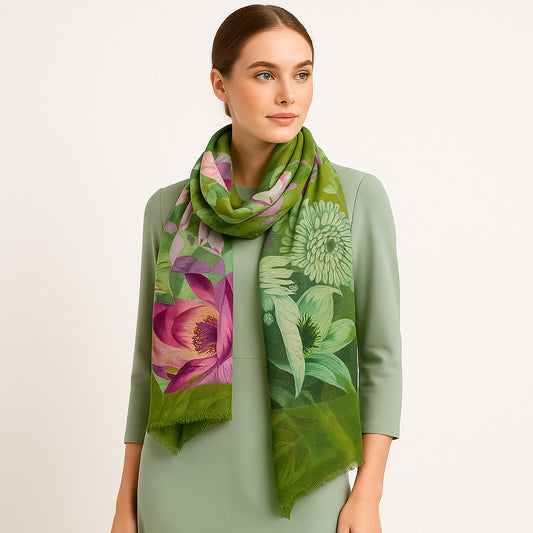 Premium Quality Floral Printed Scarf Silk and Wool Mix Lightweight MSW101